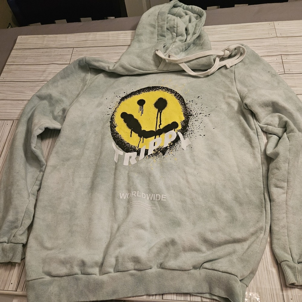 Worldwide Sweatshirt‎ Mens Medium Green BooHoMan Trippy Smiley Face Pullover